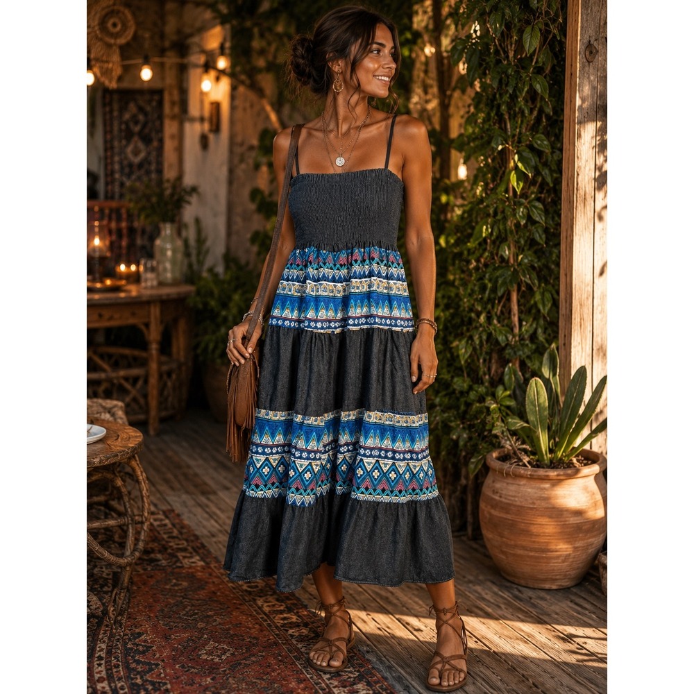 Boho Tribal Print Tiered Denim Midi Dress Smocked Bodice Blue Gray Southwestern